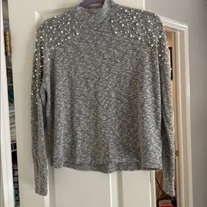 Mock neck top with pearl accents